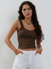 Brown ribbed crop top with lace trim