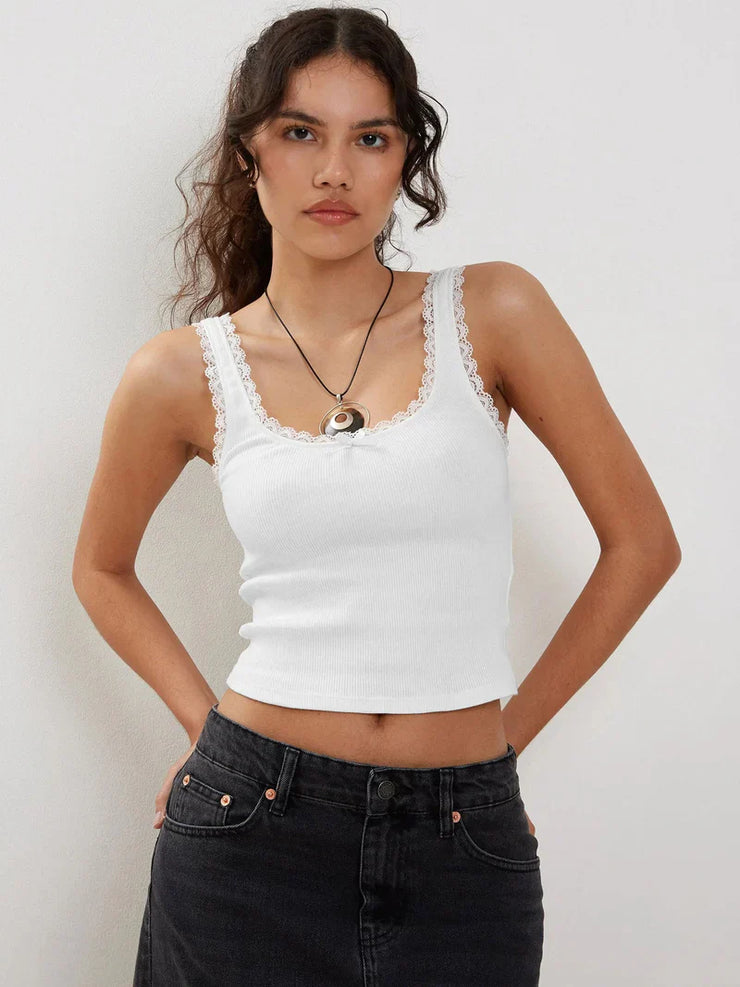 Sleeveless ribbed crop top with lace trim