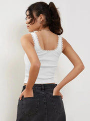 Sleeveless ribbed crop top with lace trim